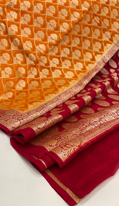 Faishana Pure Handloom Gold Chiffon Golden Zari Floral Booti Jaal with Contrast Maroon Zari Booti Anchal and Zari Border with Maroon Blouse