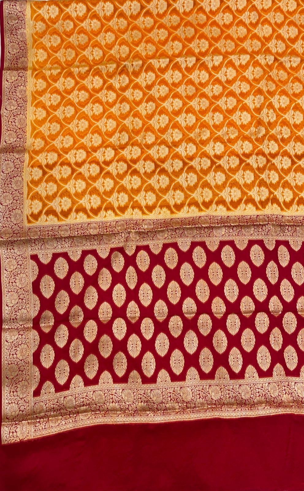 Faishana Pure Handloom Gold Chiffon Golden Zari Floral Booti Jaal with Contrast Maroon Zari Booti Anchal and Zari Border with Maroon Blouse