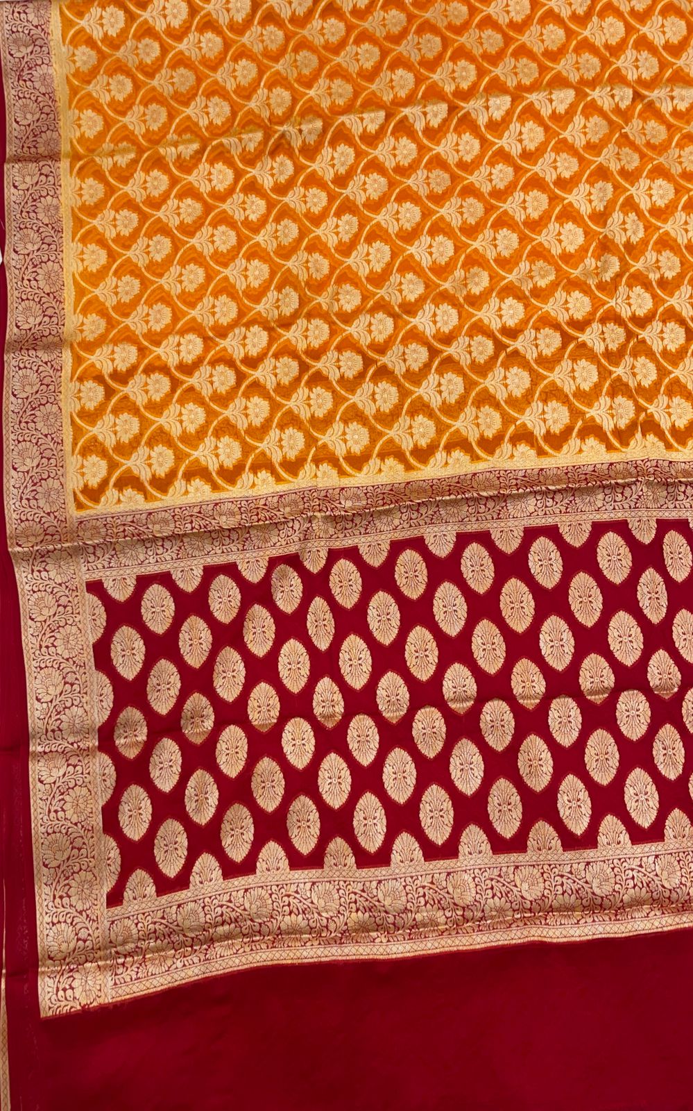 Faishana Pure Handloom Gold Chiffon Golden Zari Floral Booti Jaal with Contrast Maroon Zari Booti Anchal and Zari Border with Maroon Blouse