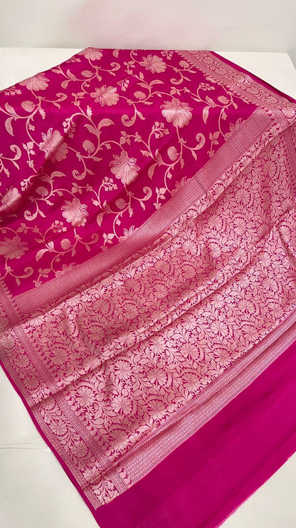 Faishana Pure Handloom Magenta Chiffon Floral Golden Zari Boota Jaal with Banarasi Zari Border and Magenta Blouse