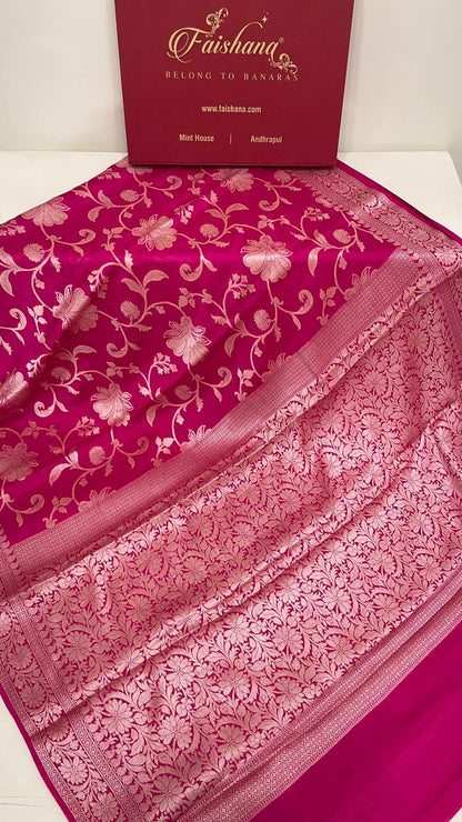 Faishana Pure Handloom Magenta Chiffon Floral Golden Zari Boota Jaal with Banarasi Zari Border and Magenta Blouse