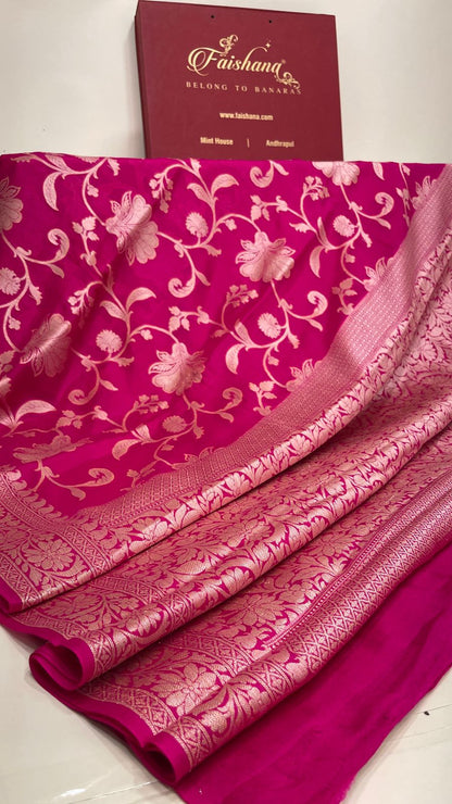 Faishana Pure Handloom Magenta Chiffon Floral Golden Zari Boota Jaal with Banarasi Zari Border and Magenta Blouse