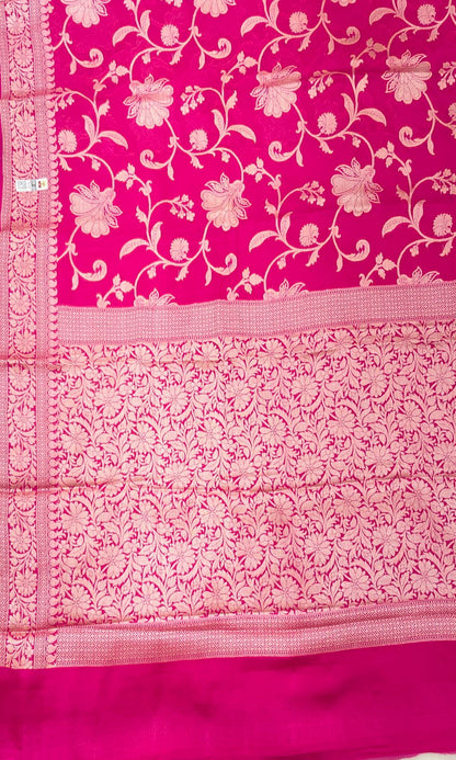 Faishana Pure Handloom Magenta Chiffon Floral Golden Zari Boota Jaal with Banarasi Zari Border and Magenta Blouse