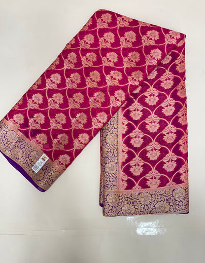 Faishana Pure Handloom Magenta Chiffon Golden Zari Floral Booti Jaal with Contrast Purple Zari Booti Anchal and Zari Border with Purple Blouse