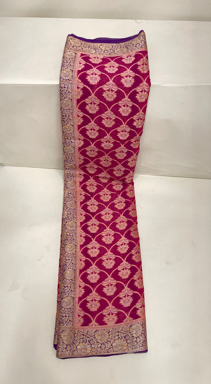 Faishana Pure Handloom Magenta Chiffon Golden Zari Floral Booti Jaal with Contrast Purple Zari Booti Anchal and Zari Border with Purple Blouse