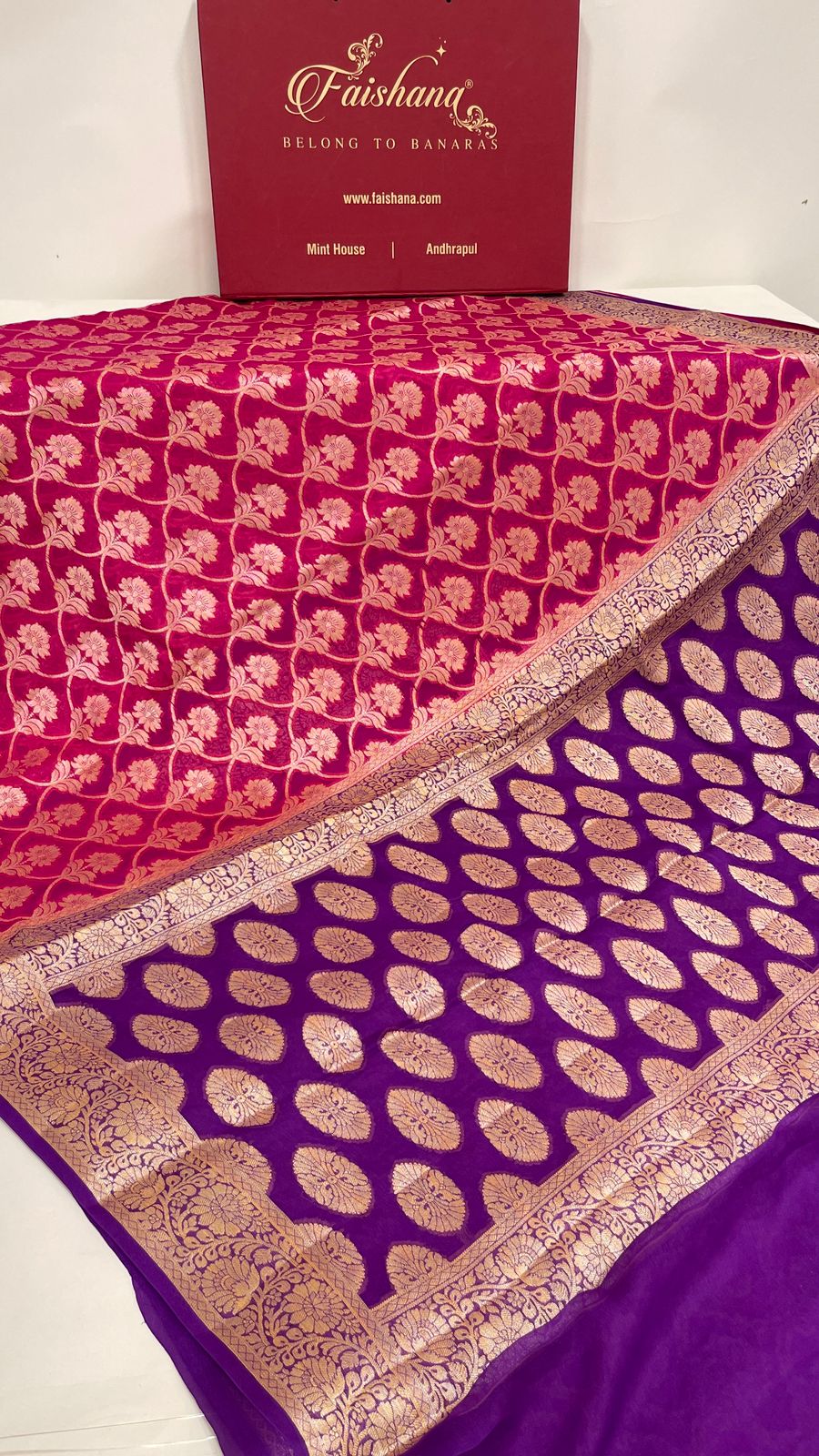 Faishana Pure Handloom Magenta Chiffon Golden Zari Floral Booti Jaal with Contrast Purple Zari Booti Anchal and Zari Border with Purple Blouse
