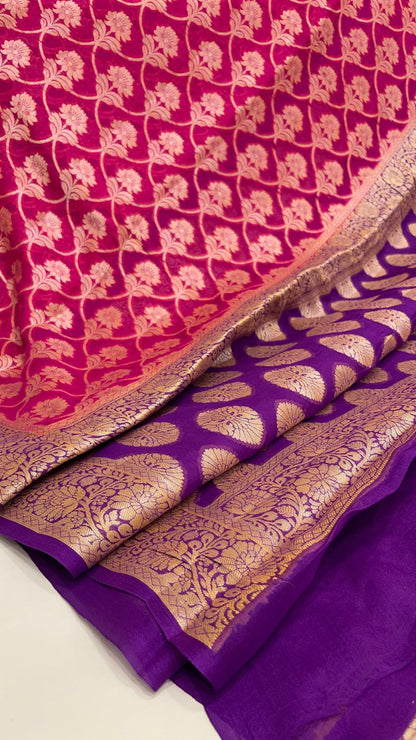 Faishana Pure Handloom Magenta Chiffon Golden Zari Floral Booti Jaal with Contrast Purple Zari Booti Anchal and Zari Border with Purple Blouse