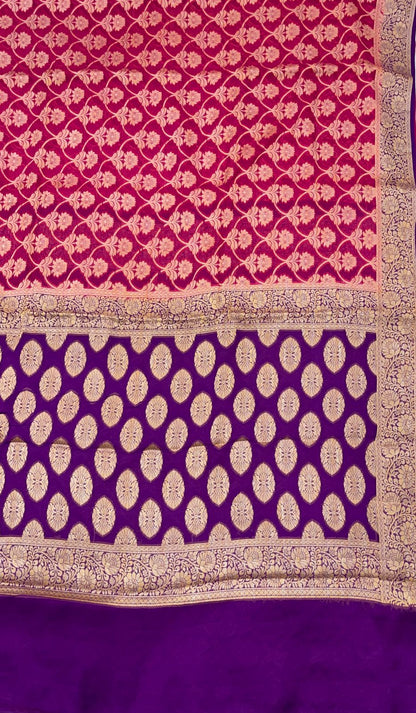 Faishana Pure Handloom Magenta Chiffon Golden Zari Floral Booti Jaal with Contrast Purple Zari Booti Anchal and Zari Border with Purple Blouse