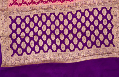 Faishana Pure Handloom Magenta Chiffon Golden Zari Floral Booti Jaal with Contrast Purple Zari Booti Anchal and Zari Border with Purple Blouse