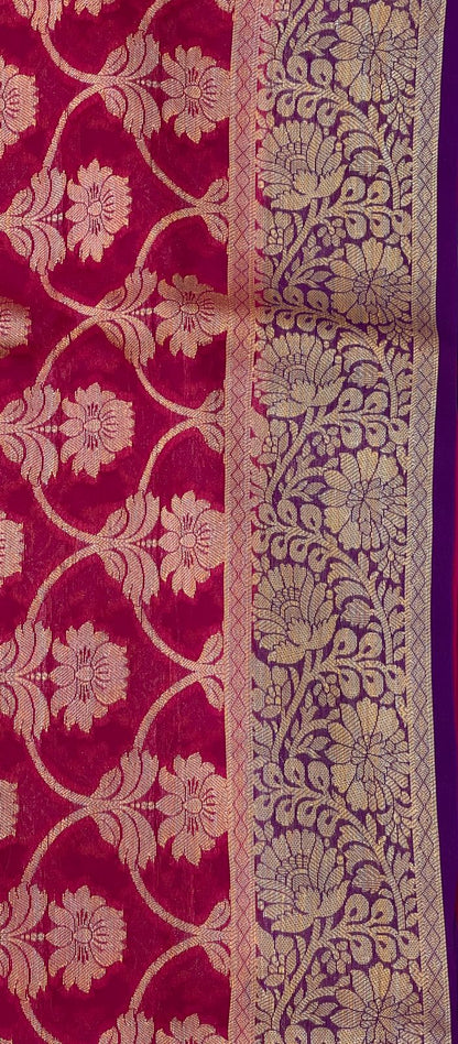 Faishana Pure Handloom Magenta Chiffon Golden Zari Floral Booti Jaal with Contrast Purple Zari Booti Anchal and Zari Border with Purple Blouse