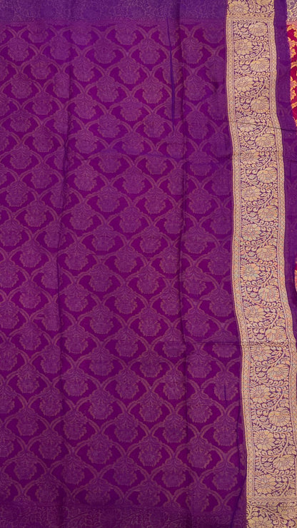 Faishana Pure Handloom Magenta Chiffon Golden Zari Floral Booti Jaal with Contrast Purple Zari Booti Anchal and Zari Border with Purple Blouse