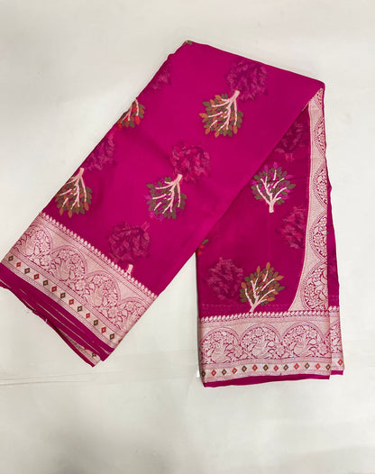 Faishana Pure Handloom Magenta Chiffon Resham Floral Mina Zari Booti with Banarasi Zari Border and Magenta Blouse&nbsp;
