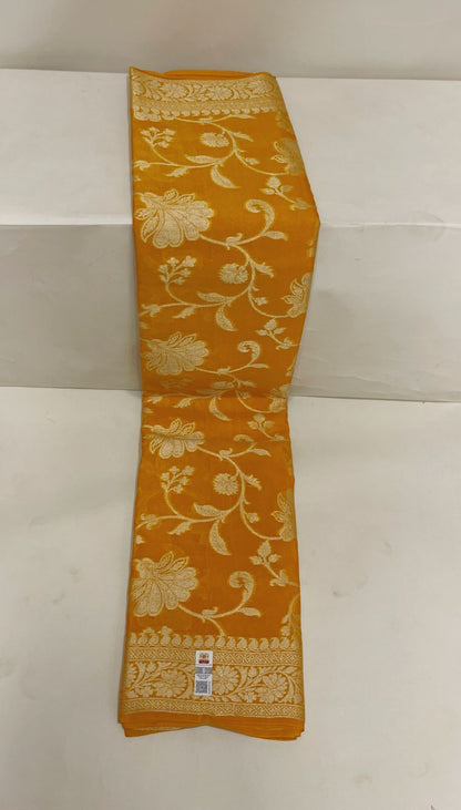 Faishana Pure Handloom Yellow Chiffon Floral Golden Zari Boota Jaal with Banarasi Zari Border and Yellow Blouse