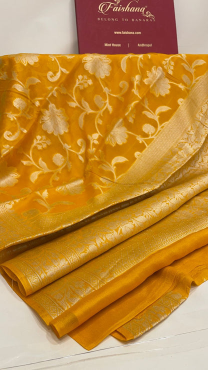Faishana Pure Handloom Yellow Chiffon Floral Golden Zari Boota Jaal with Banarasi Zari Border and Yellow Blouse