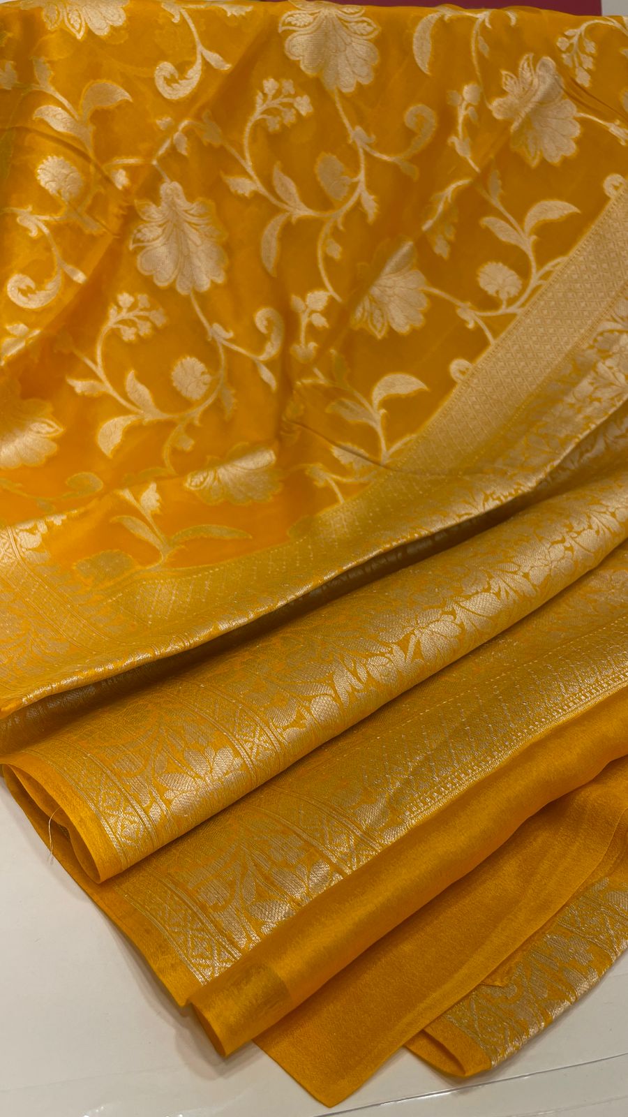 Faishana Pure Handloom Yellow Chiffon Floral Golden Zari Boota Jaal with Banarasi Zari Border and Yellow Blouse