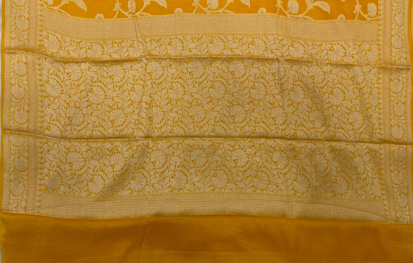 Faishana Pure Handloom Yellow Chiffon Floral Golden Zari Boota Jaal with Banarasi Zari Border and Yellow Blouse