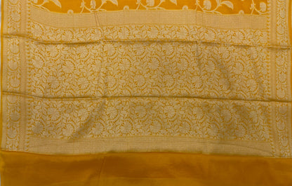 Faishana Pure Handloom Yellow Chiffon Floral Golden Zari Boota Jaal with Banarasi Zari Border and Yellow Blouse