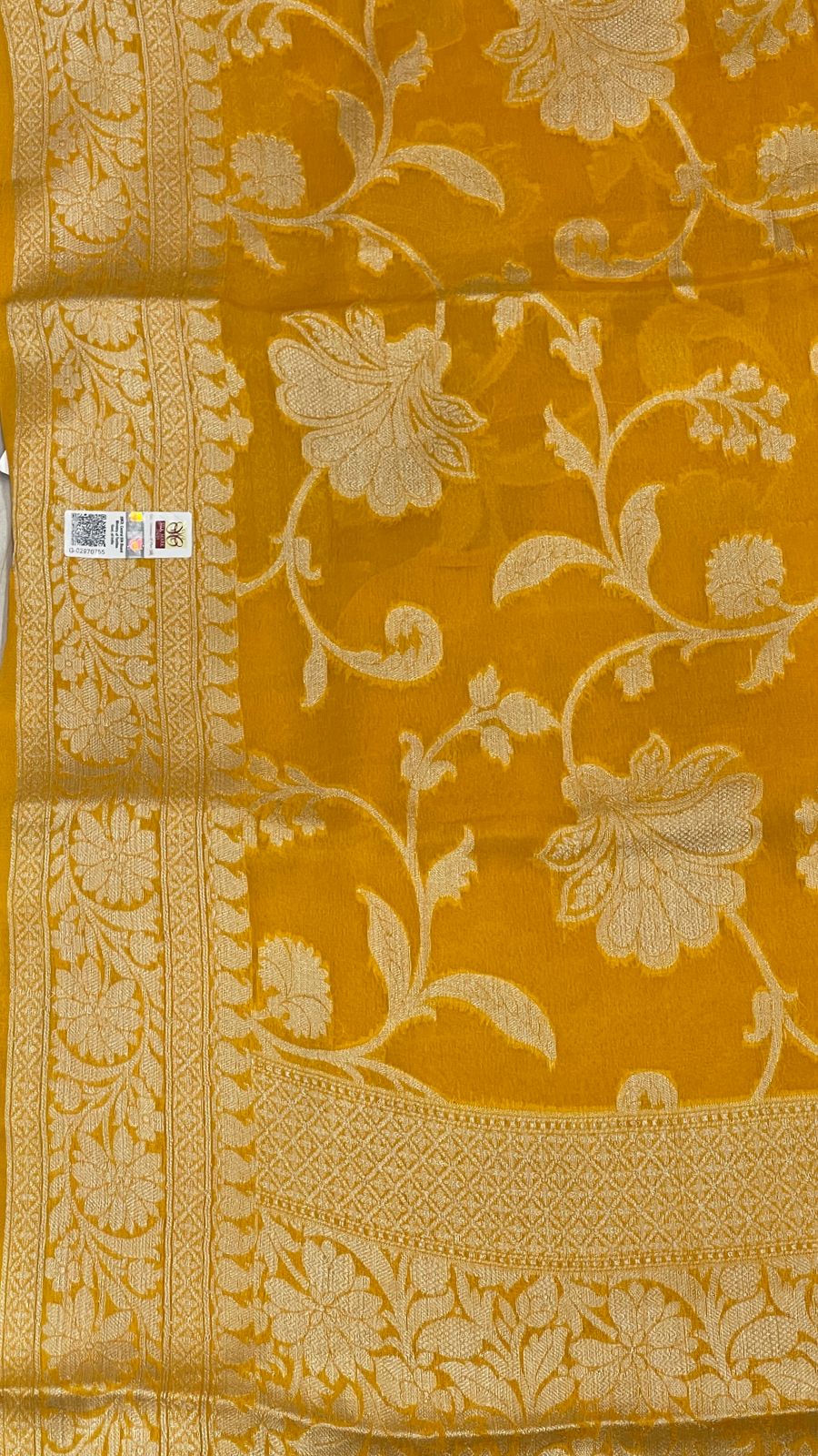 Faishana Pure Handloom Yellow Chiffon Floral Golden Zari Boota Jaal with Banarasi Zari Border and Yellow Blouse