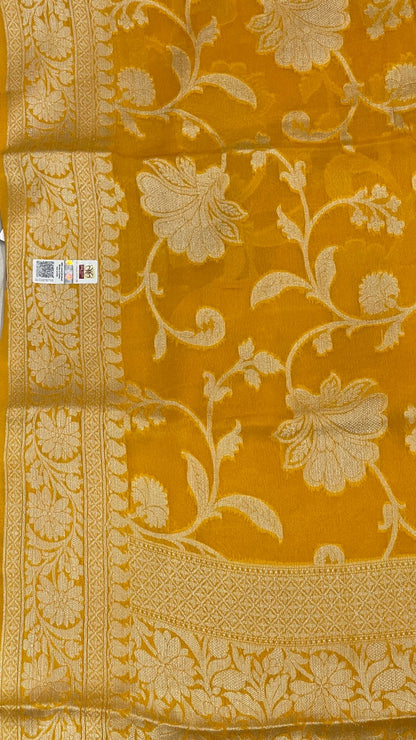 Faishana Pure Handloom Yellow Chiffon Floral Golden Zari Boota Jaal with Banarasi Zari Border and Yellow Blouse