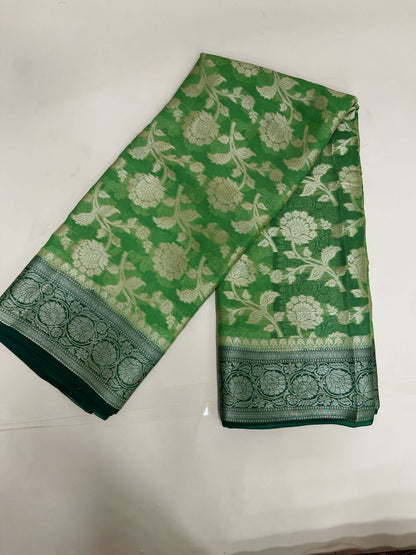 Faishana Pure Handloom Pista Green Chiffon Floral Zari Jaal Contrast Dark Green Zari Border and Big Boota Pallu with Dark Green Blouse