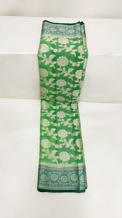 Faishana Pure Handloom Pista Green Chiffon Floral Zari Jaal Contrast Dark Green Zari Border and Big Boota Pallu with Dark Green Blouse