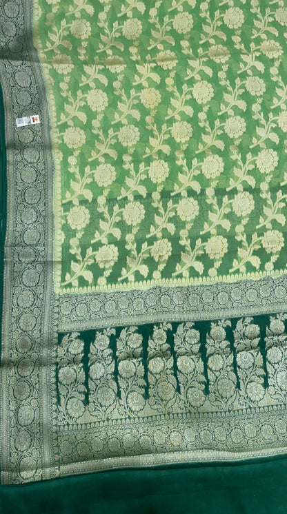 Faishana Pure Handloom Pista Green Chiffon Floral Zari Jaal Contrast Dark Green Zari Border and Big Boota Pallu with Dark Green Blouse