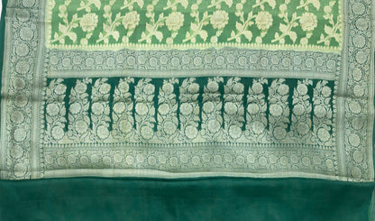 Faishana Pure Handloom Pista Green Chiffon Floral Zari Jaal Contrast Dark Green Zari Border and Big Boota Pallu with Dark Green Blouse