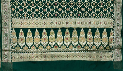 Faishana Pure Handloom Dark Green Chiffon Resham Mina Bandhani Zari Booti with Miankari Pallu and Zari Border with Dark Green Blouse&nbsp;