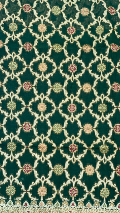 Faishana Pure Handloom Dark Green Chiffon Resham Mina Bandhani Zari Booti with Miankari Pallu and Zari Border with Dark Green Blouse&nbsp;