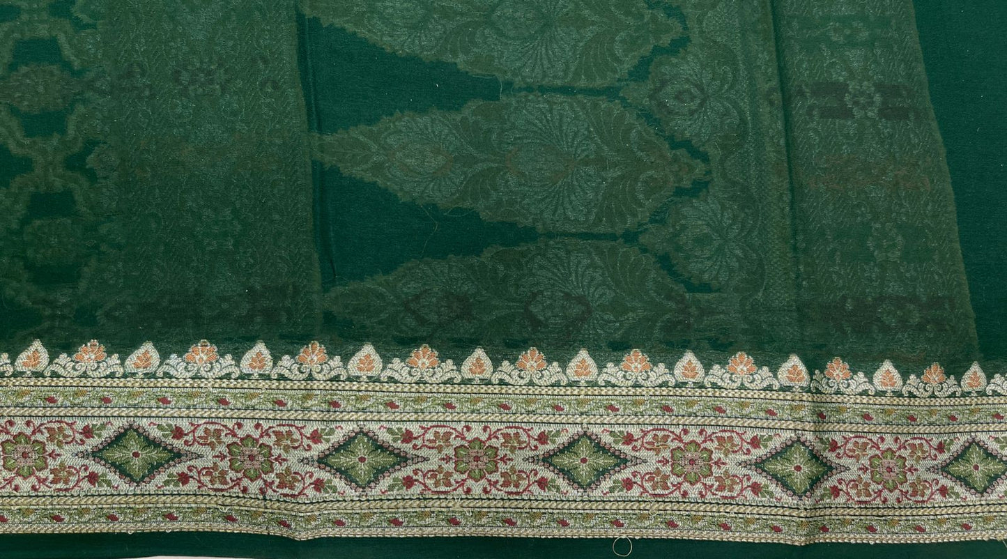 Faishana Pure Handloom Dark Green Chiffon Resham Mina Bandhani Zari Booti with Miankari Pallu and Zari Border with Dark Green Blouse&nbsp;