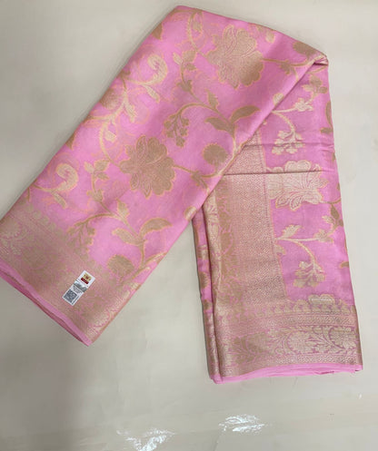 Faishana Pure Handloom Baby Pink Chiffon Floral Golden Zari Boota Jaal with Banarasi Zari Border and Baby Pink Blouse