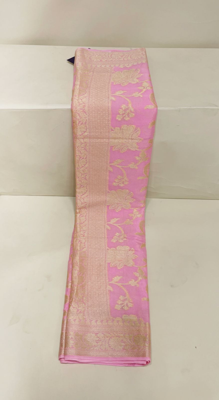 Faishana Pure Handloom Baby Pink Chiffon Floral Golden Zari Boota Jaal with Banarasi Zari Border and Baby Pink Blouse