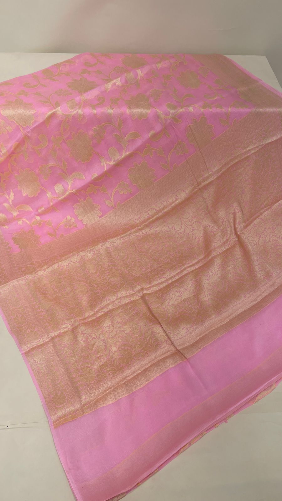 Faishana Pure Handloom Baby Pink Chiffon Floral Golden Zari Boota Jaal with Banarasi Zari Border and Baby Pink Blouse