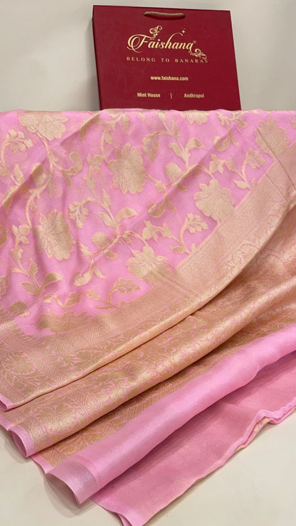 Faishana Pure Handloom Baby Pink Chiffon Floral Golden Zari Boota Jaal with Banarasi Zari Border and Baby Pink Blouse
