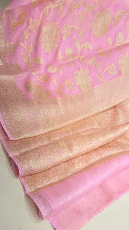 Faishana Pure Handloom Baby Pink Chiffon Floral Golden Zari Boota Jaal with Banarasi Zari Border and Baby Pink Blouse