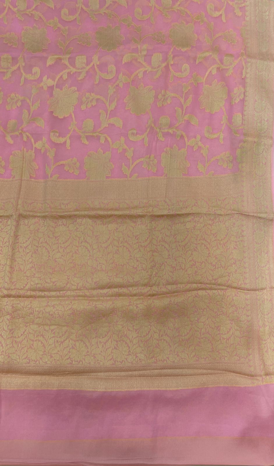 Faishana Pure Handloom Baby Pink Chiffon Floral Golden Zari Boota Jaal with Banarasi Zari Border and Baby Pink Blouse