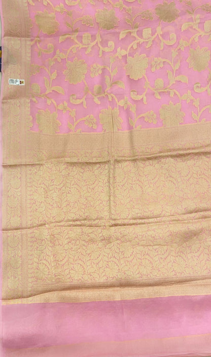 Faishana Pure Handloom Baby Pink Chiffon Floral Golden Zari Boota Jaal with Banarasi Zari Border and Baby Pink Blouse