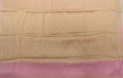 Faishana Pure Handloom Baby Pink Chiffon Floral Golden Zari Boota Jaal with Banarasi Zari Border and Baby Pink Blouse