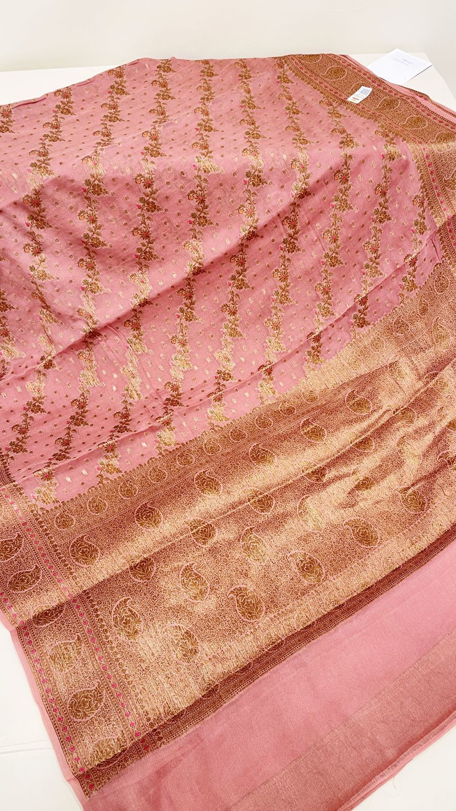 Faishana Pure Handloom Peach Chiffon Floral Copper Zari Mina Stripe Jaal Booti with Paisley Mina Zari Border and Peach Blouse