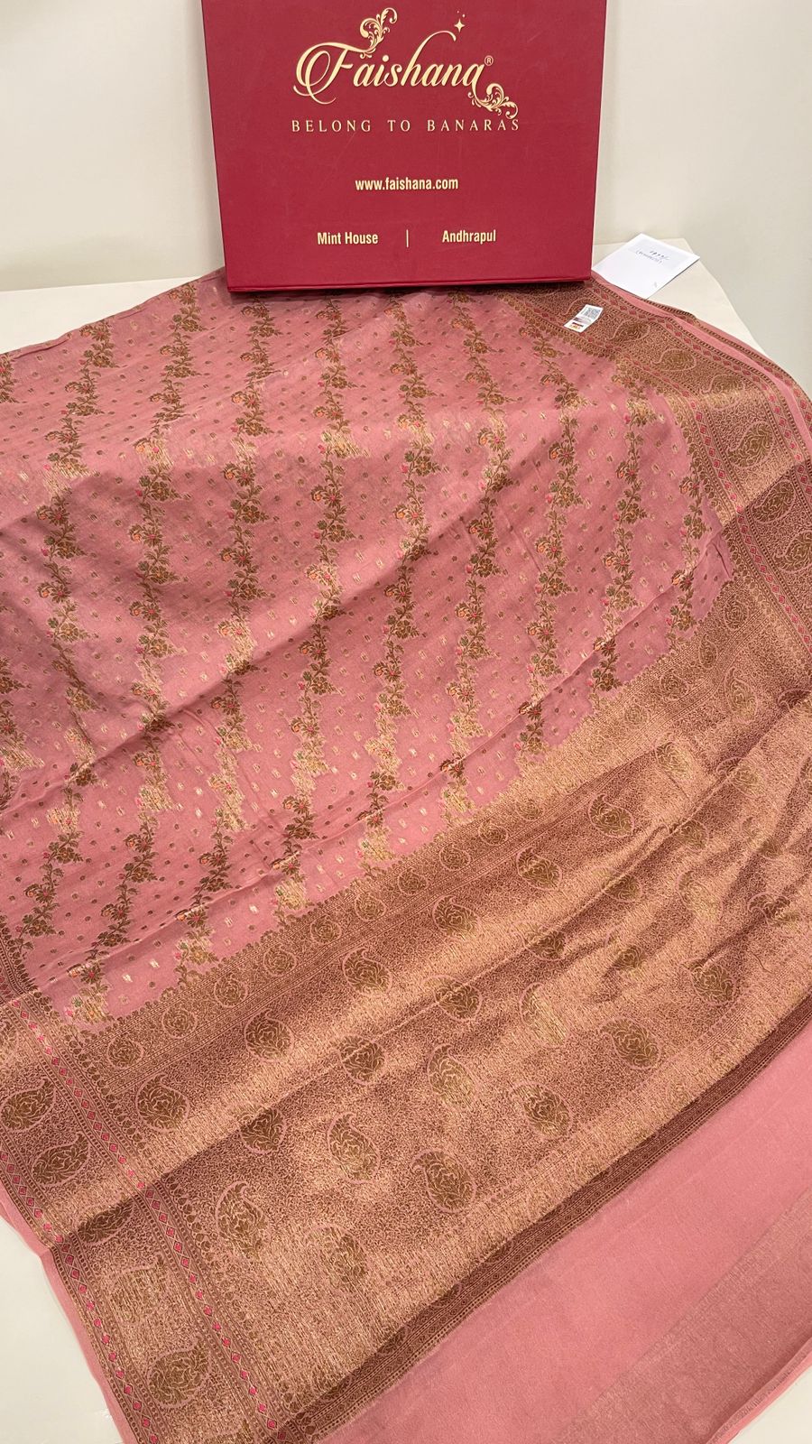Faishana Pure Handloom Peach Chiffon Floral Copper Zari Mina Stripe Jaal Booti with Paisley Mina Zari Border and Peach Blouse