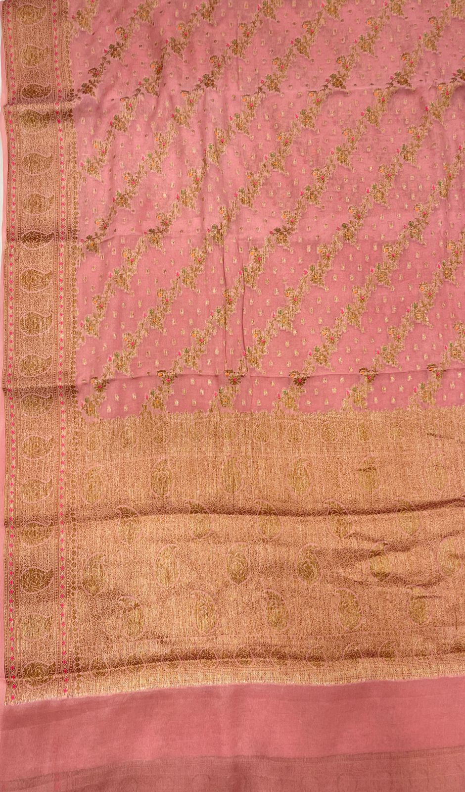 Faishana Pure Handloom Peach Chiffon Floral Copper Zari Mina Stripe Jaal Booti with Paisley Mina Zari Border and Peach Blouse