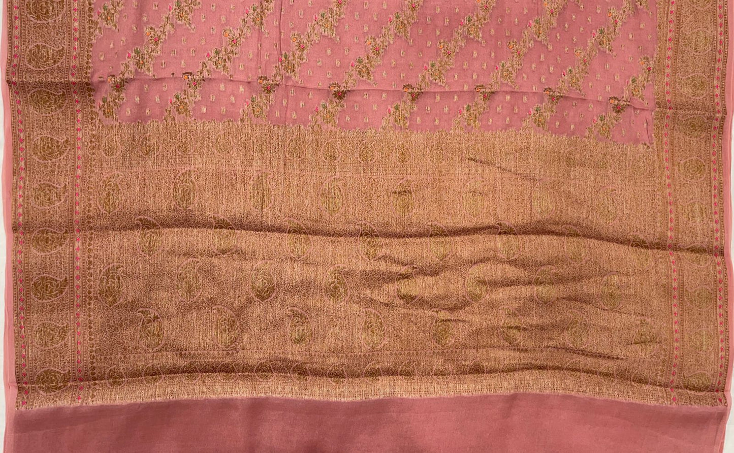 Faishana Pure Handloom Peach Chiffon Floral Copper Zari Mina Stripe Jaal Booti with Paisley Mina Zari Border and Peach Blouse