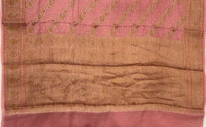 Faishana Pure Handloom Peach Chiffon Floral Copper Zari Mina Stripe Jaal Booti with Paisley Mina Zari Border and Peach Blouse