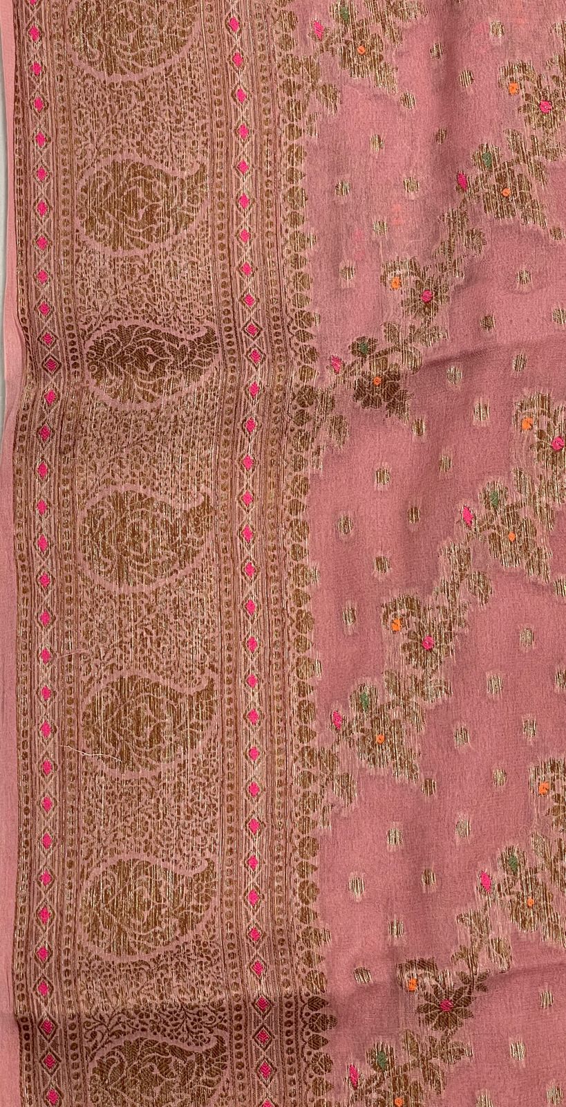 Faishana Pure Handloom Peach Chiffon Floral Copper Zari Mina Stripe Jaal Booti with Paisley Mina Zari Border and Peach Blouse