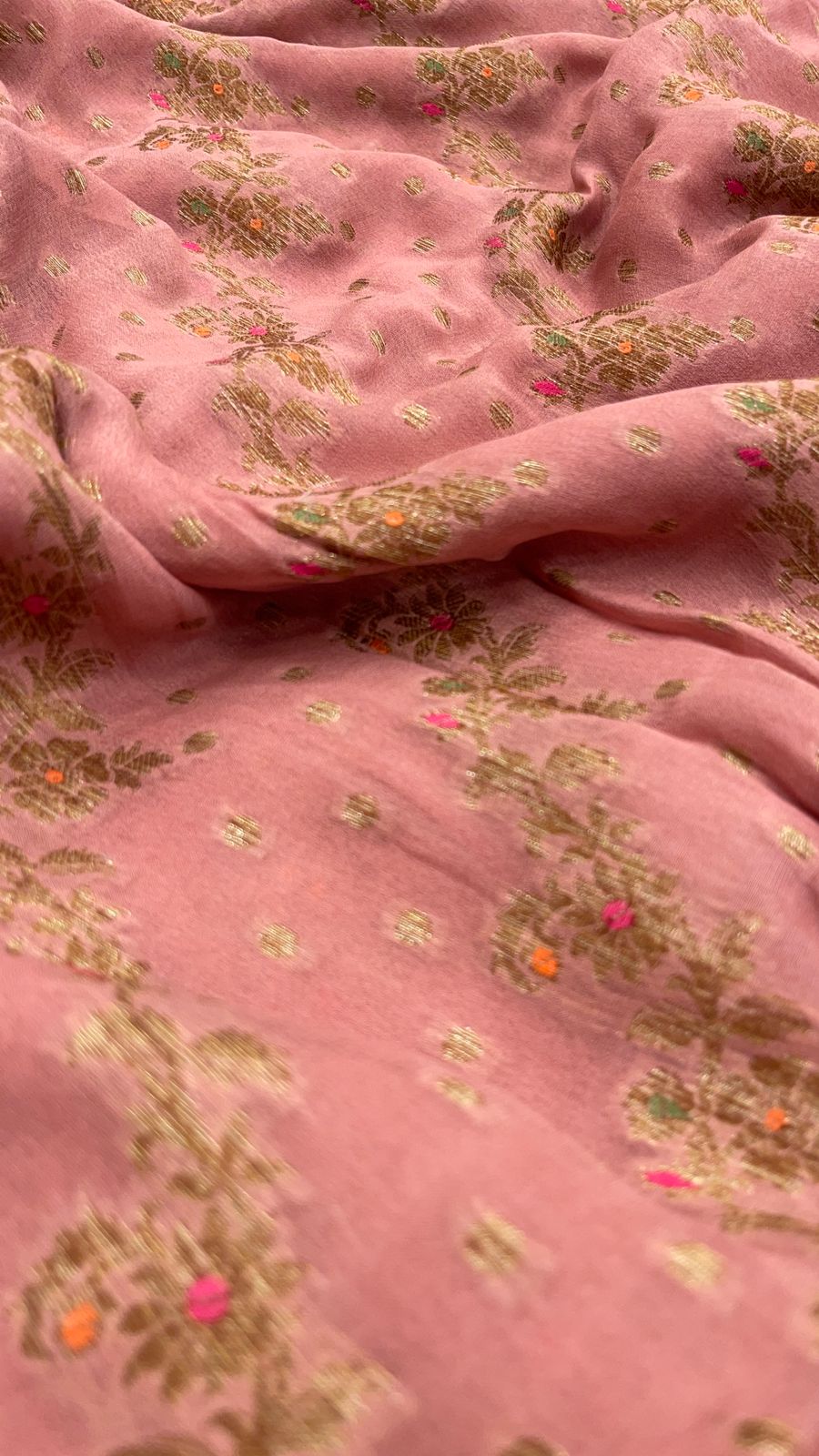 Faishana Pure Handloom Peach Chiffon Floral Copper Zari Mina Stripe Jaal Booti with Paisley Mina Zari Border and Peach Blouse
