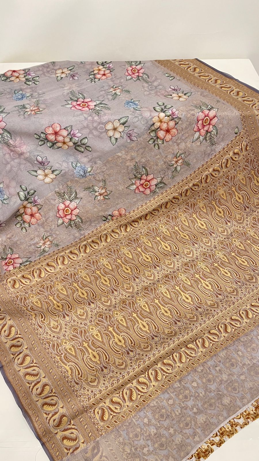 Faishana Pure Handloom Grey Chiffon Floral Digital Print Boota with Paisley Copper Zari Border and Grey Blouse