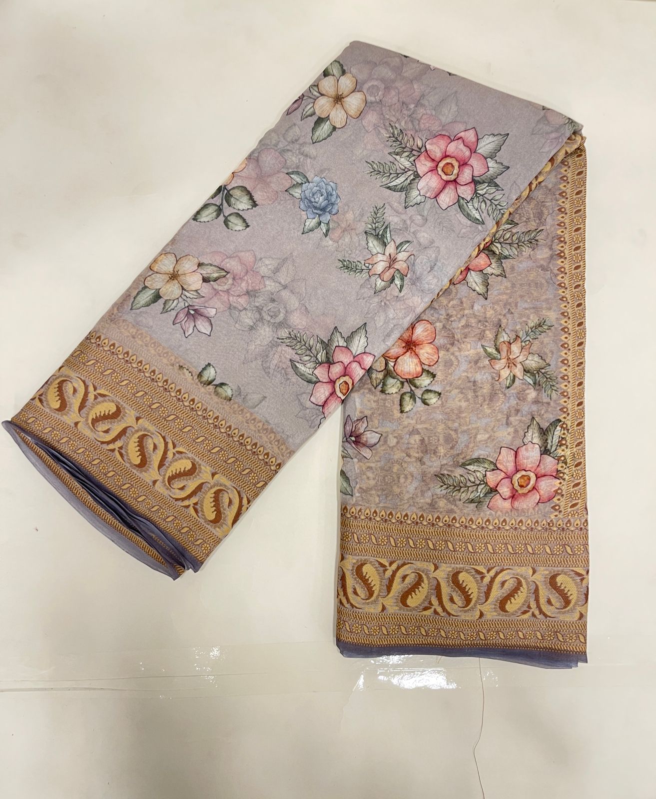 Faishana Pure Handloom Grey Chiffon Floral Digital Print Boota with Paisley Copper Zari Border and Grey Blouse