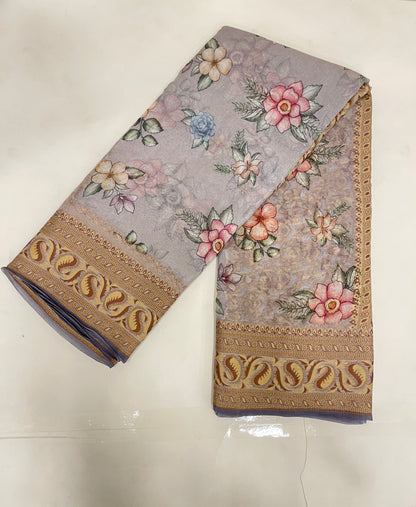 Faishana Pure Handloom Grey Chiffon Floral Digital Print Boota with Paisley Copper Zari Border and Grey Blouse