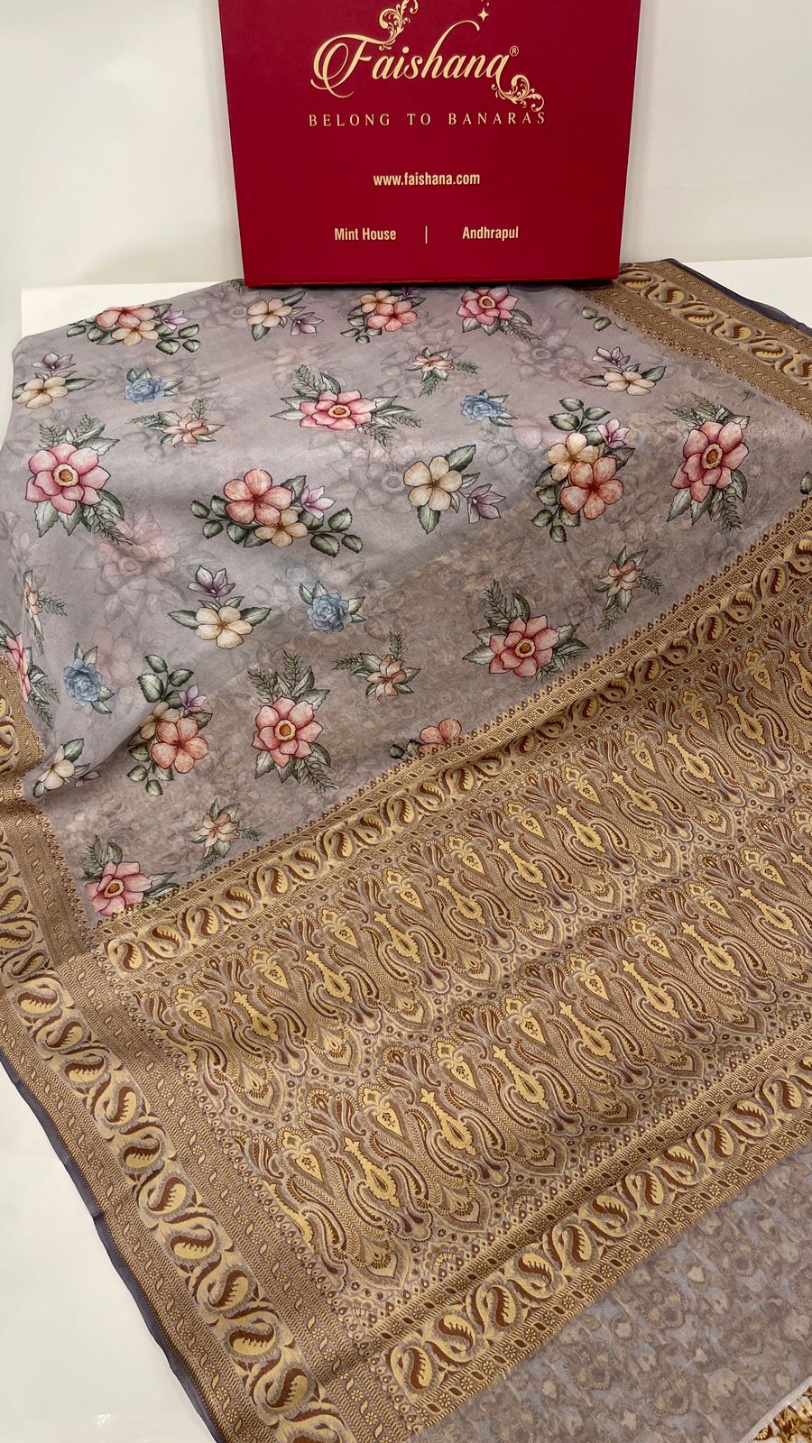 Faishana Pure Handloom Grey Chiffon Floral Digital Print Boota with Paisley Copper Zari Border and Grey Blouse
