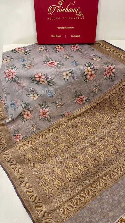Faishana Pure Handloom Grey Chiffon Floral Digital Print Boota with Paisley Copper Zari Border and Grey Blouse
